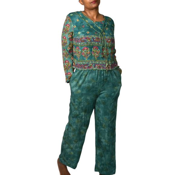 Vintage Carole Little Pant Suit Matching Set Green Teal Tassel Boxy Petite Small - Picture 1 of 16